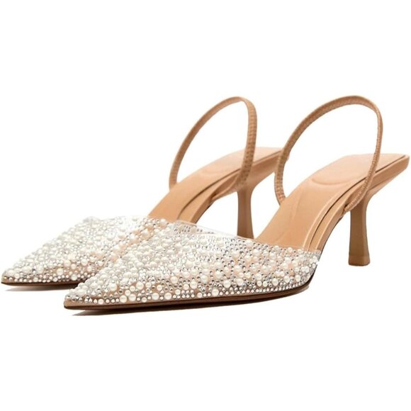 Women's Brown Fashion Rhinestone Slingback Pumps Pointed Toe PVC Kitten Heels - Picture 1 of 7